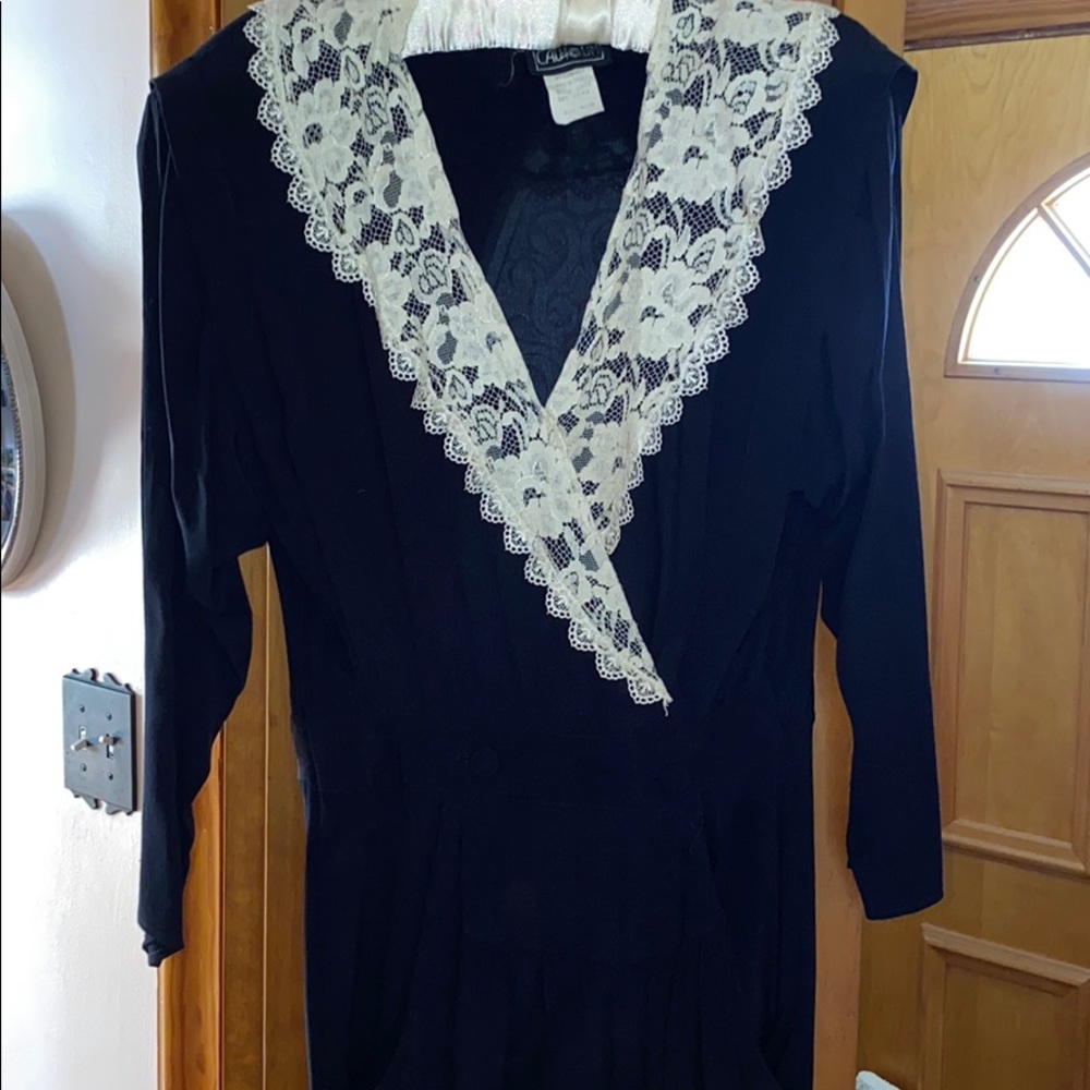 VINTAGE Black & White Jumpsuit with Lace V-neck